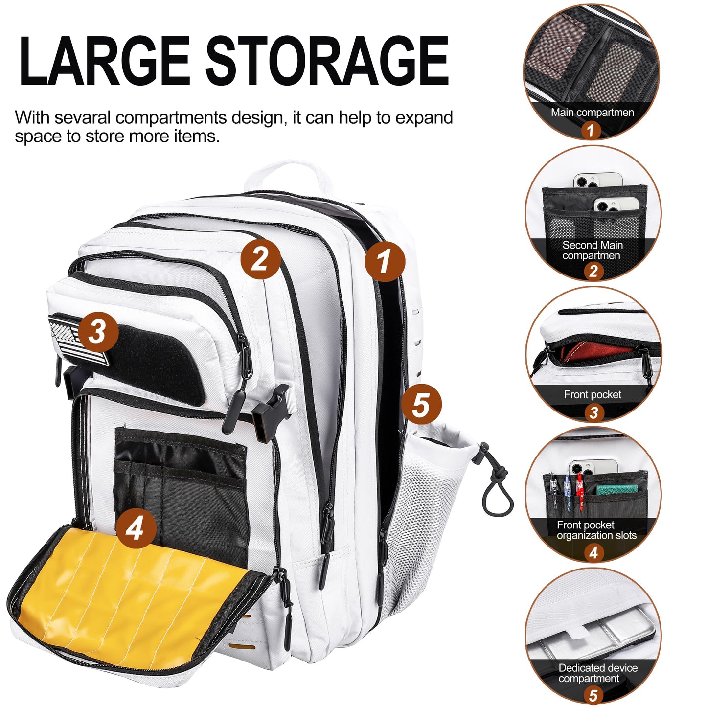LHI Tactical Military Backpack for Men and Women 45L Large Molle Army Assault Pack 3 Day Travel Backpacks - White