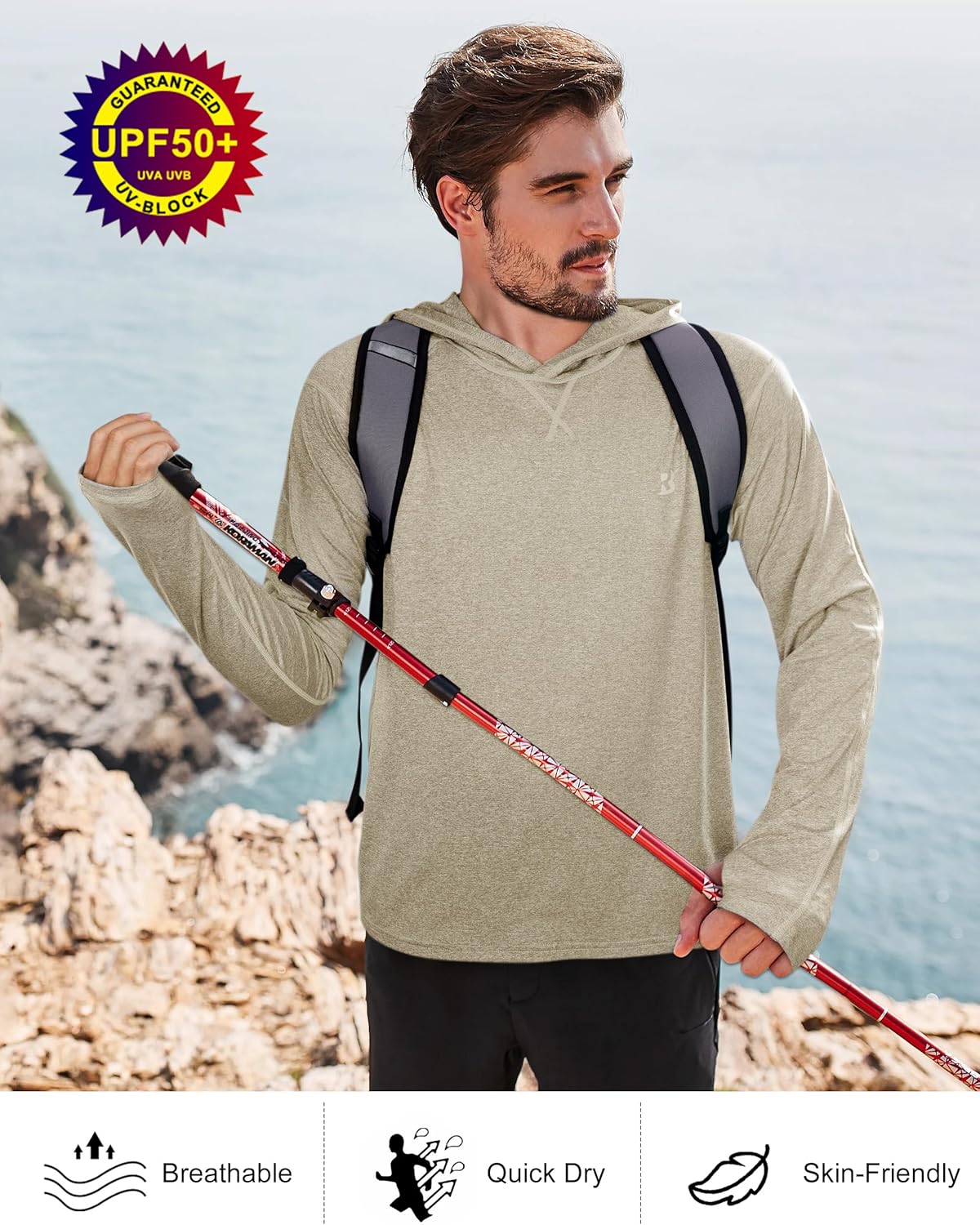 Roadbox Men's UPF 50+ Fishing Shirt - Long Sleeve UV Sun Hoodie for Hiking & Athletic Activities
