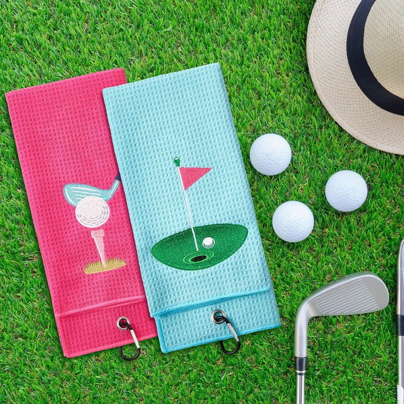 Mindsoft 2 Pieces Funny Golf Towel Microfiber Embroidered Ball Towels for Women Ball Bags with Clips Accessories Waffle Pattern for Mother Golf Fan Birthday Gifts(Hot Pink Blue,Elegant Style)