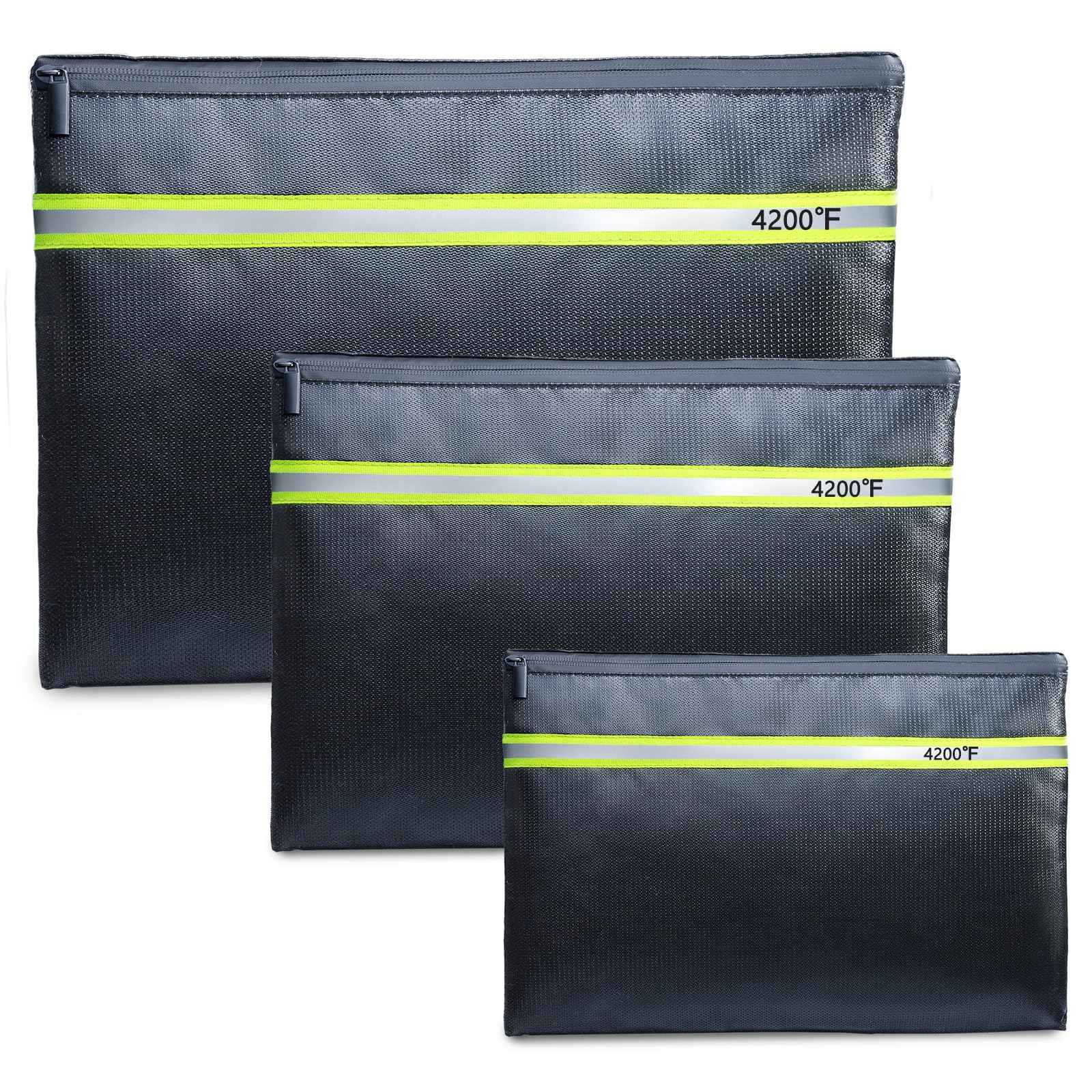 FRECOLSH Fireproof Document Bag – 3 Pack (15" x 11", 13" x 9.7", 10.5" x 8") Fireproof & Water- proof Document Organizer | Document Holder with Zipper Secure for Cash, Passports, Check& More