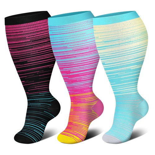 3 Packs Wide Calf Compression Socks for Women Men Knee Hight Plus Size Extra Graduated Stocking Calcetas Medias Para Mujer Big Travel Flight Sports Excise New Mom Birth Gifts Red Green Pink 2XL