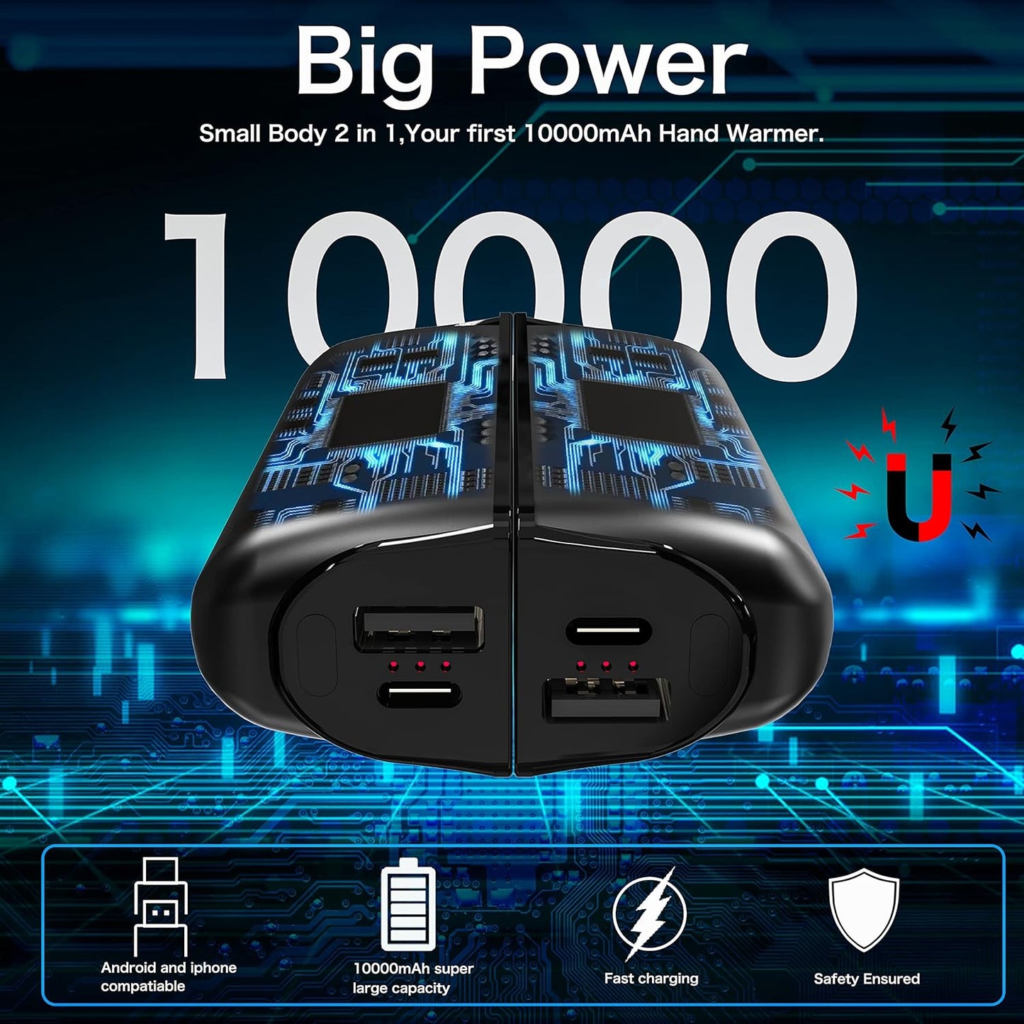 Skiennix Rechargeable Hand Warmers - 10000mAh Electric Power Bank | 3 Heat Levels for Camping & Hunting