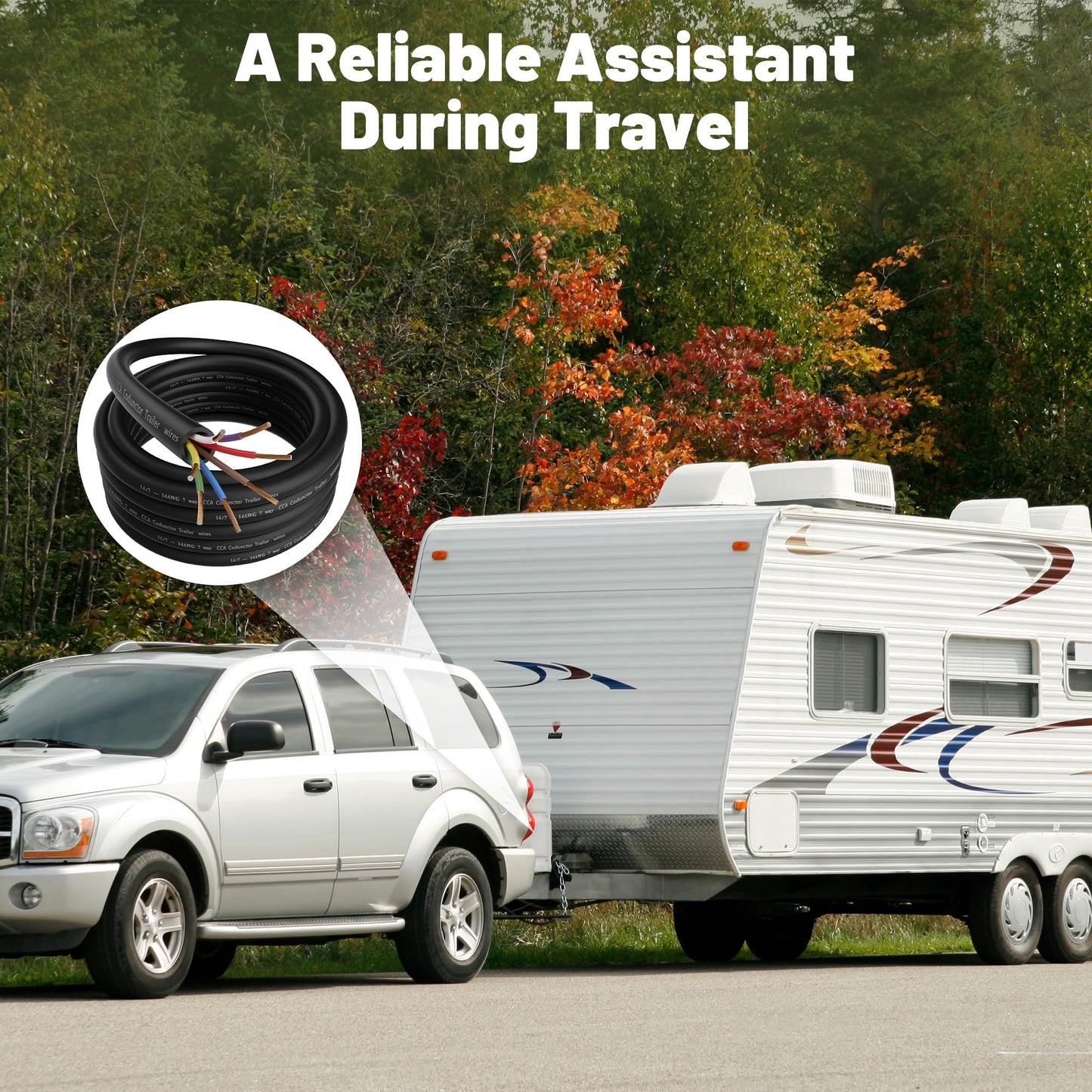 7 Way Trailer Wire 100FT, Heavy-Duty 14 Gauge Copper Clad Aluminum Cable, 14AWG 7 Pin Trailer Wiring with Color-Coded Jacket, Insulated Stranded Extension Cable for Utility Trailer, RV, Automotive