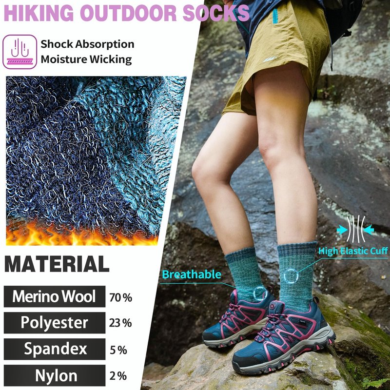 SAVALOS Merino Wool Hiking Socks for Women Thermal Warm Winter Cozy Work Crew Gifts Socks 5 Pairs Stocking Stuffers (Assorted A,L)