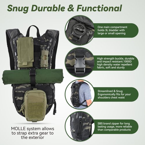 MARCHWAY Tactical Molle Hydration Pack Backpack with 3L TPU Water Bladder, Military Daypack for Cycling, Hiking, Running, Climbing, Hunting, Biking (Black Camo)