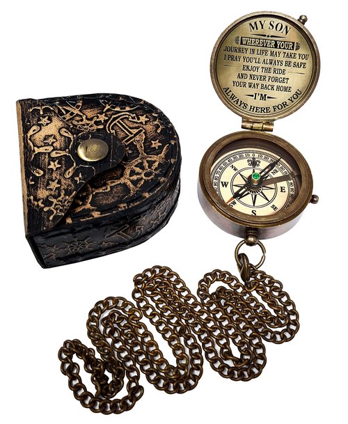 The New Antique Store - Brass Compass Engraved with Motivational Quote, Gift for Son, Grandson, Daughter, Baptism, Confirmation Communion Godson Church Graduation Day (in Leather Case)