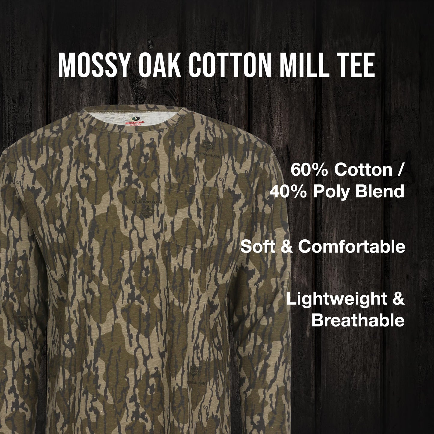 Mossy Oak Long Sleeve Hunting Camo Shirt for Men, with Pocket | Soft Cotton Blend for Breathability | Lightweight & Moisture-Wicking Camouflage Shirt for Hunting, Fishing & Hiking | X-Large