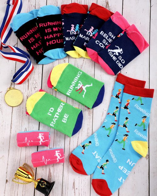 Glitopper 6 Pairs Funny Runner Socks for Women Novelty Running Socks Track and Field Gift for Women Spring Marathon Lover