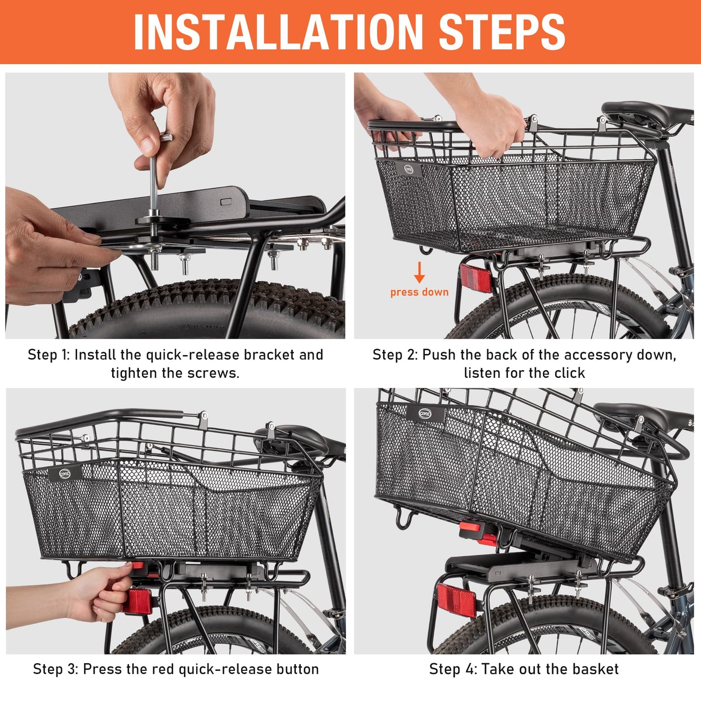 CXWXC Rear Bike Basket with Handle - Quick Release Bicycle Rear Basket with Cargo Net and Waterproof Cover, Wire Bike Baskets Rear Large Capacity (Wire Bike Basket)