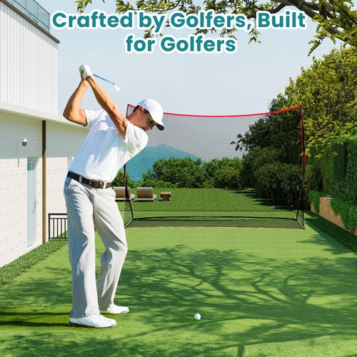 OLIXIS Golf Nets for Backyard, 10x7 ft Golf Practice Net with Frame, Outdoor & Indoor Dual-Use Sturdy for Hitting, Personal Driving Range for Home, Garage and Backyard, Red and Black