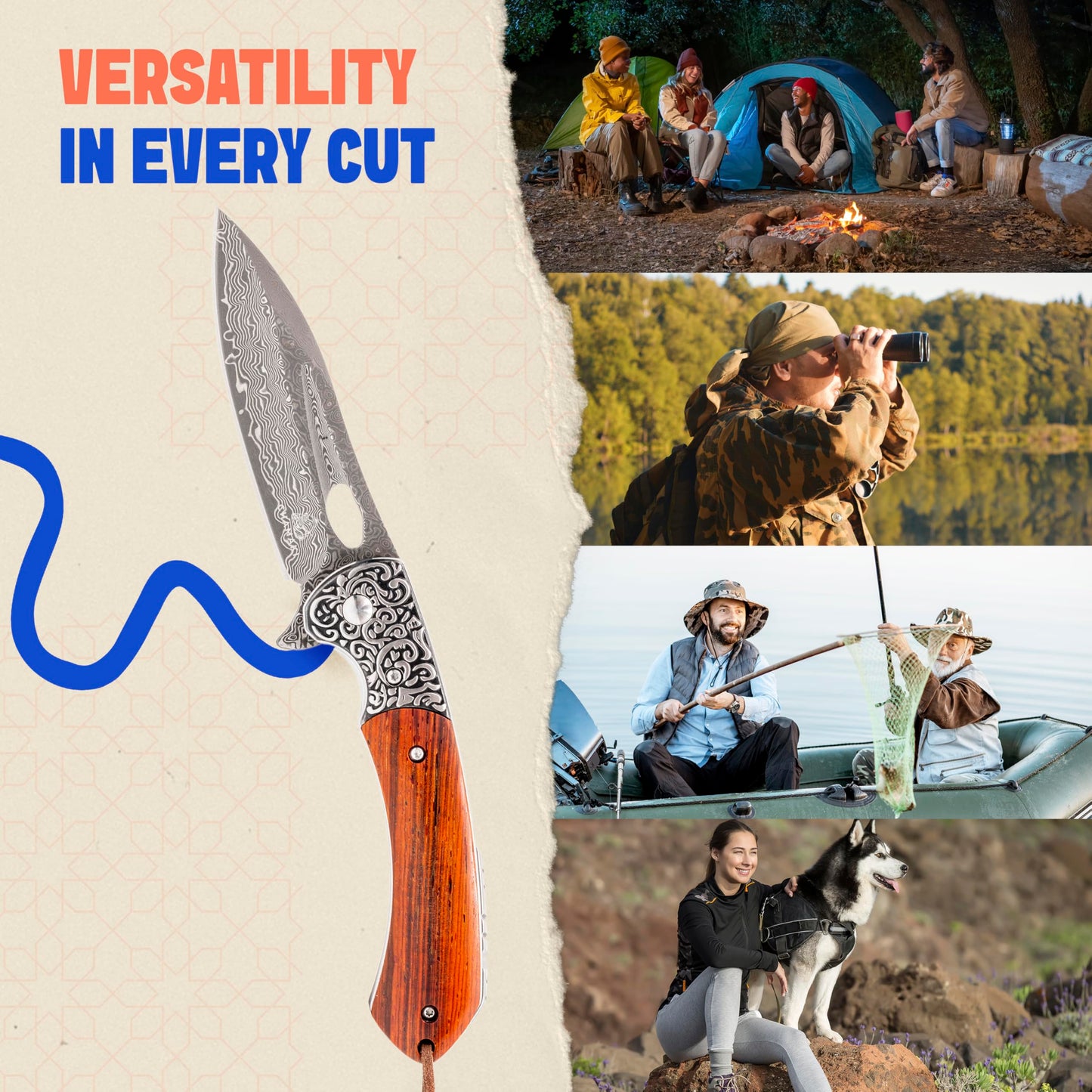 Damascuse Steel Pocket Knife with Leather Sheath - Fashionable Design Sandal Wood Handle 76 Layers VG10 Manual Damascus Folding Knife Sandel Wood Handle Collect Strong and Elegant Outdoor Pocket Knife