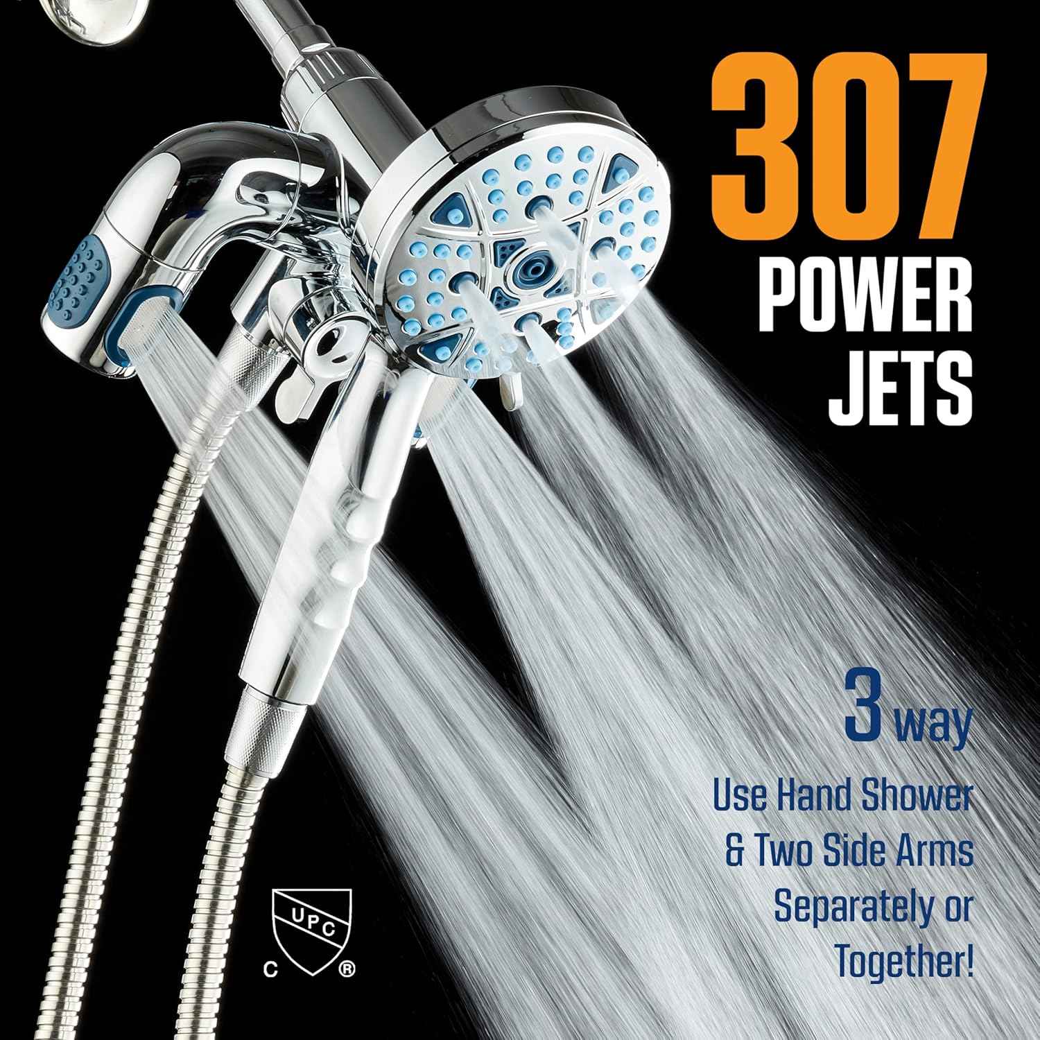 Polaris High Pressure Shower Head & Handheld Combo - 208 Settings, Magnetic Dock, Chrome Finish