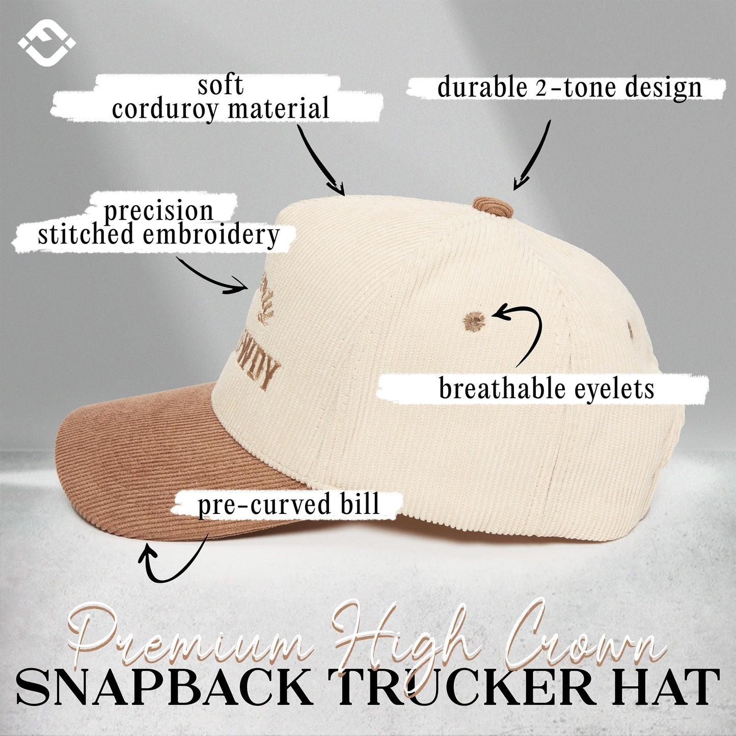 Funky Junque Howdy Hat Corduroy Trucker Hat Stay Rowdy Embroidered Unisex Snapback Cap - Say Howdy Stay Rowdy - Khaki/Beige