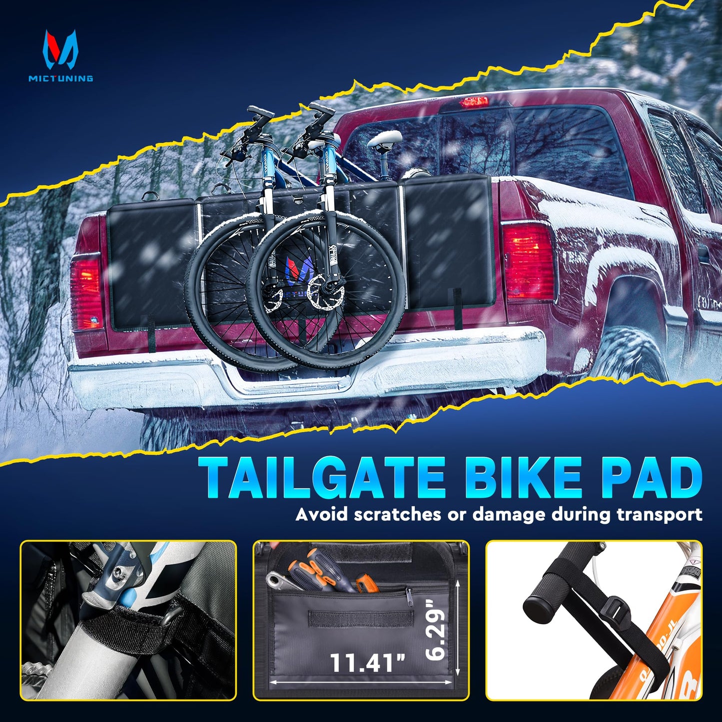 MICTUNING Tailgate Bike Pad for Mountain Bike, Widen Size 51" Tailgate Width ScratchResistant Tailgate Pad with Reflective Strips and Tool Pocket, for Outdoor Bicycle Transportation, 5 Bikes