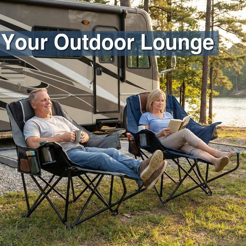 USKAU Camping Chair with Removable Footrest, Oversized Outdoor Chair with Headrest & Cup Holders, 300lb Capacity Lawn Chair for Sports Backyard Fishing