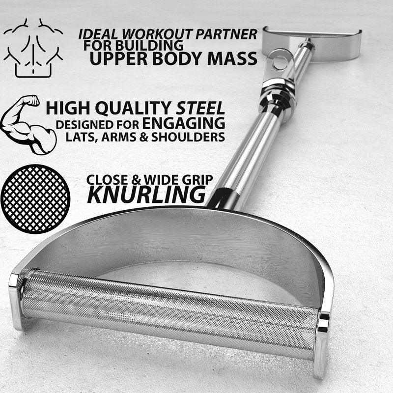 Synergee Pro-Style Lat Bar Cable Attachment. Universal Attachment for Cable Machines. Pull Down/Press Down Bar Accessory. Available Sizes 24”, 34” and 38”
