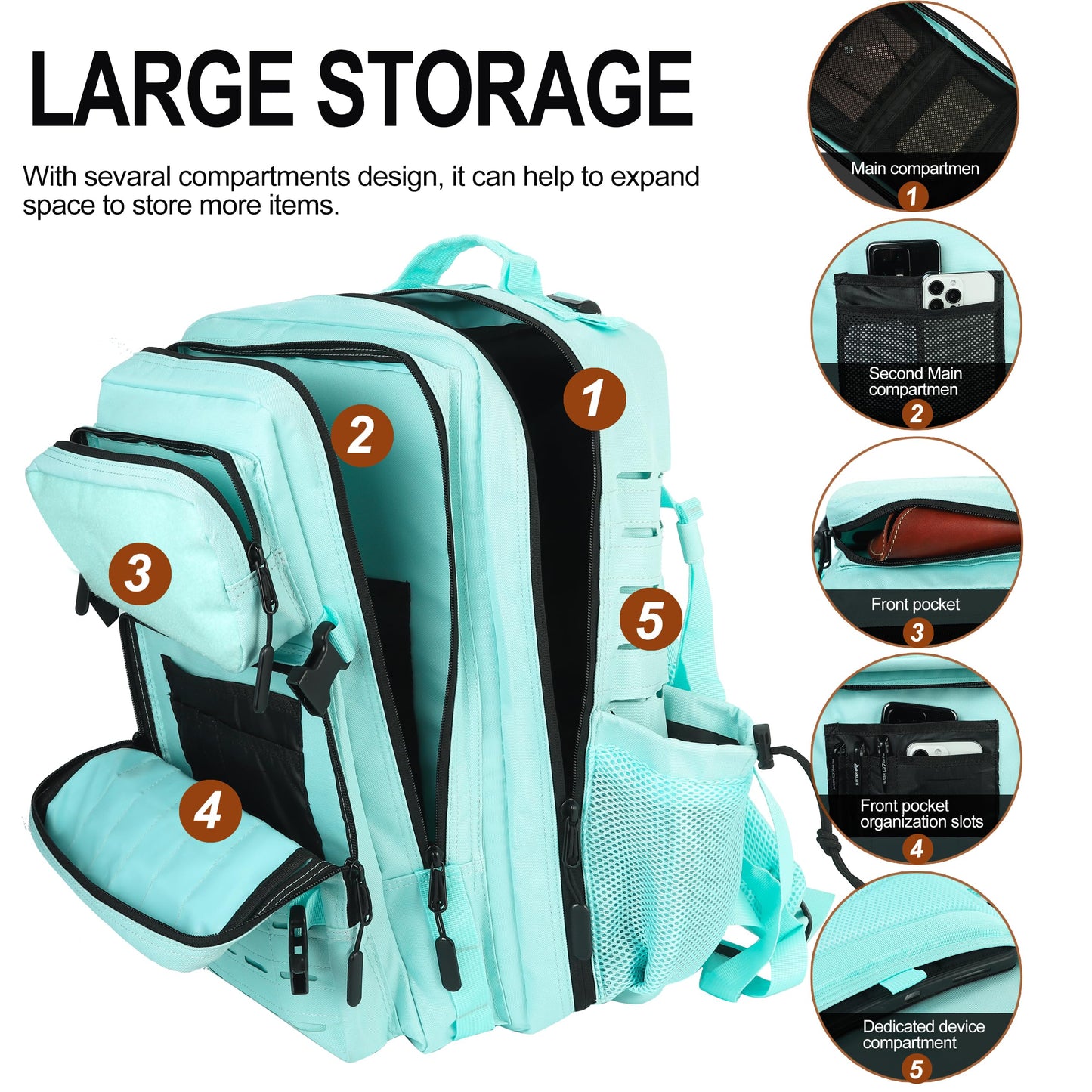 LHI Tactical Military Backpack for Men and Women 45L Large Molle Army Assault Pack 3 Day Travel Backpacks - Green