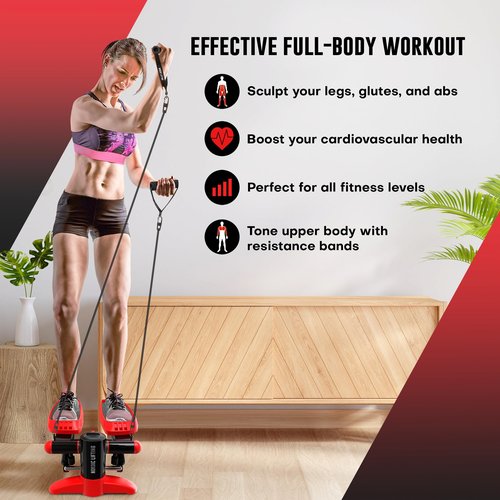 Nordic Lifting Mini Stepper & Stair Climber – Red – Compact Fitness Stepper w/Resistance Bands, LCD Monitor, 330LB Weight Limit – Home Leg & Thigh Workout Machine