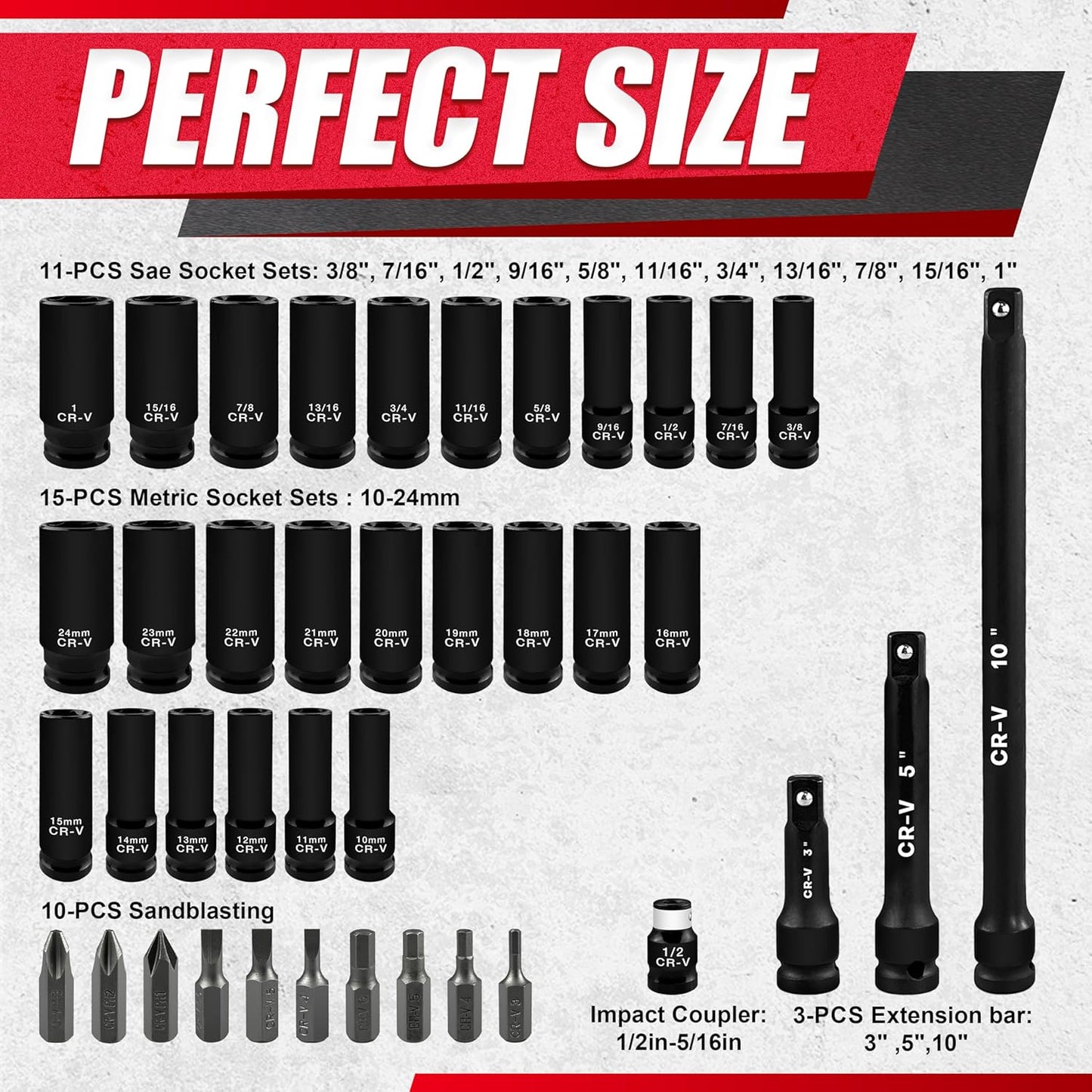 29-Piece Deep Impact Socket Set with Extensions | SAE & Metric Cr-V Steel