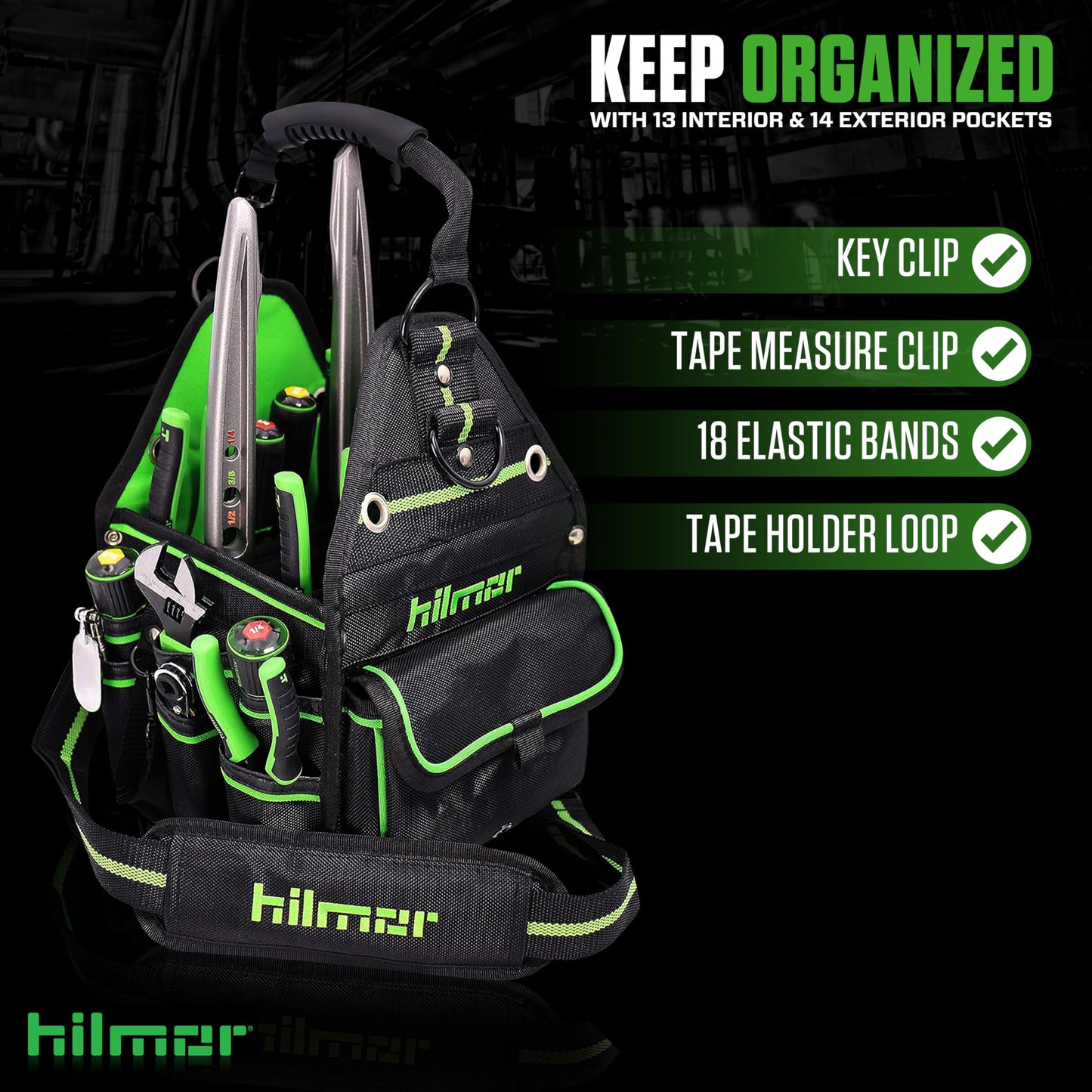 Hilmor HT 1839078 HVAC Tool Bag with 27 Pockets, Key Clip, Tape Loop, Shoulder Strap,HVAC/R Tools and Equipment, Black/Green, 13”