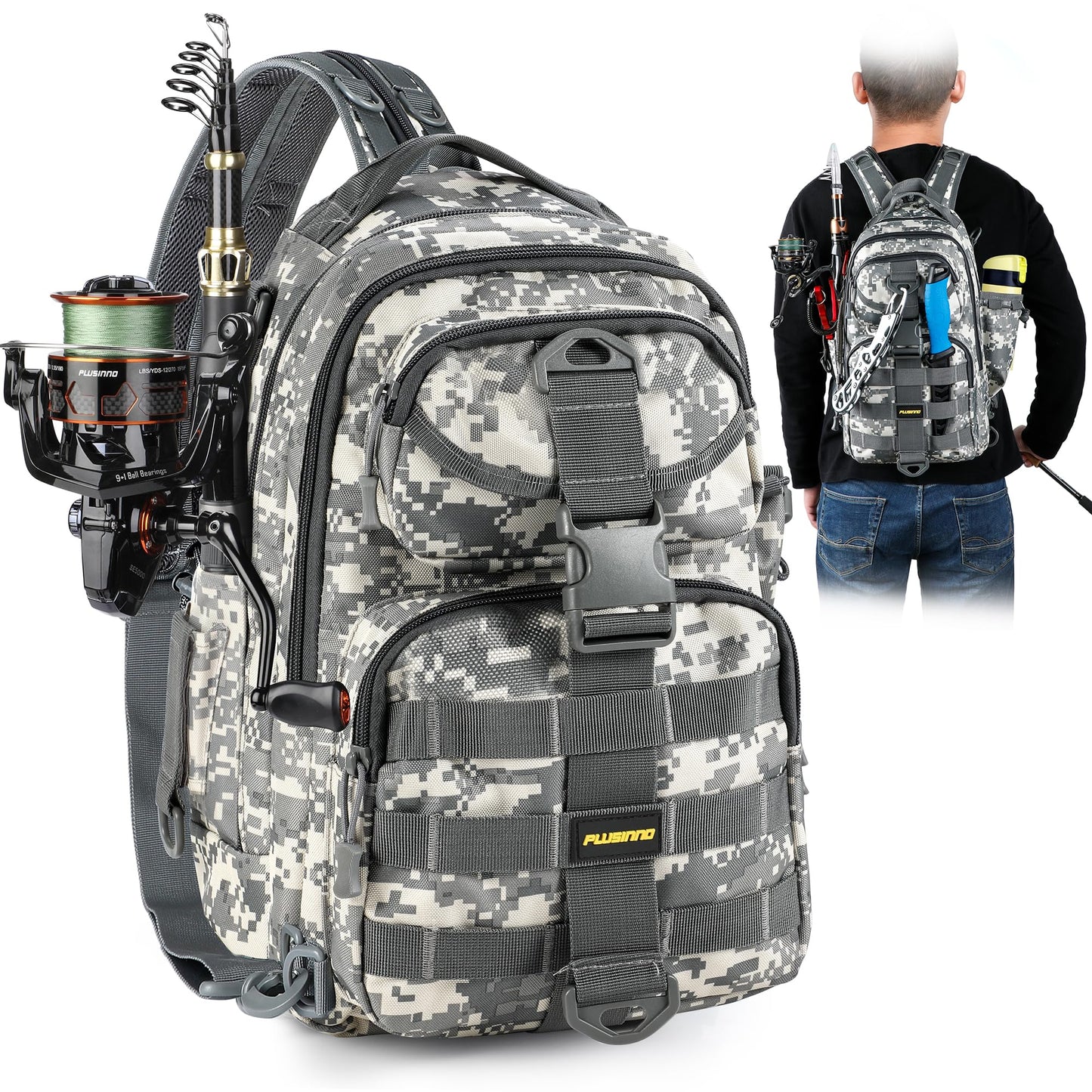 PLUSINNO Fishing Backpack Tackle Bag, Water-Resistant Backpack with Rod Holder, Ideal Shoulder Bag Gifts for Men