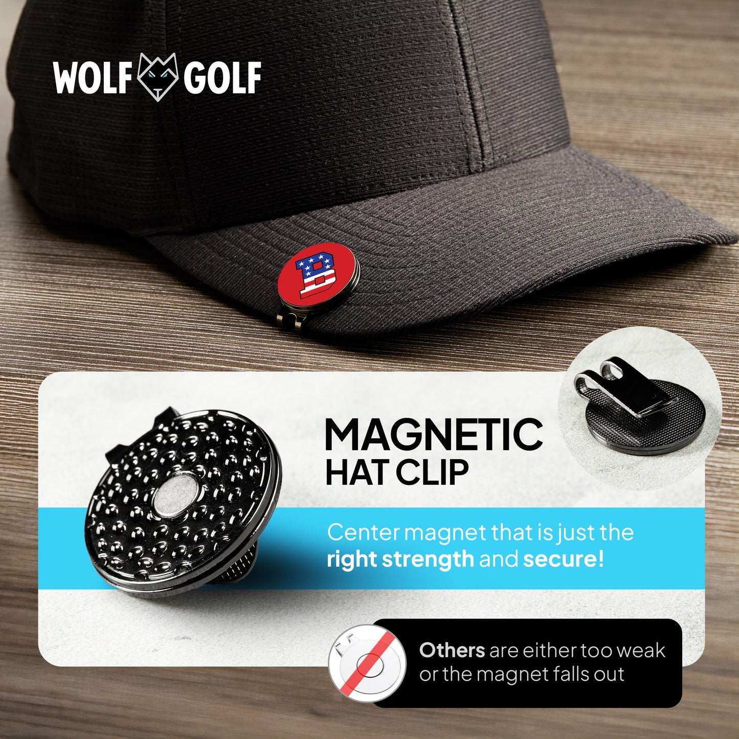 Wolf Golf Towels Golf Ball Marker Hat Clip | USA Monogram | 1 Magnetic Clip + 3 Ball Markers | Patriotic Golf Accessories for Men & Women