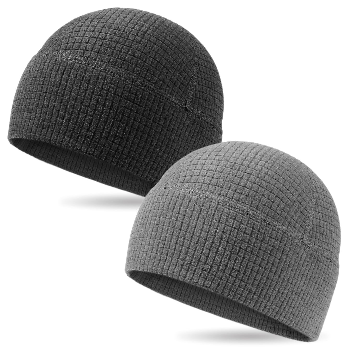 2 Pack Grid Fleece Beanie Watch Cap Waffle Tactical Beanie Multi-Season Army Military Fleece Hat, All Weather Gear, One Size, Black/Grey
