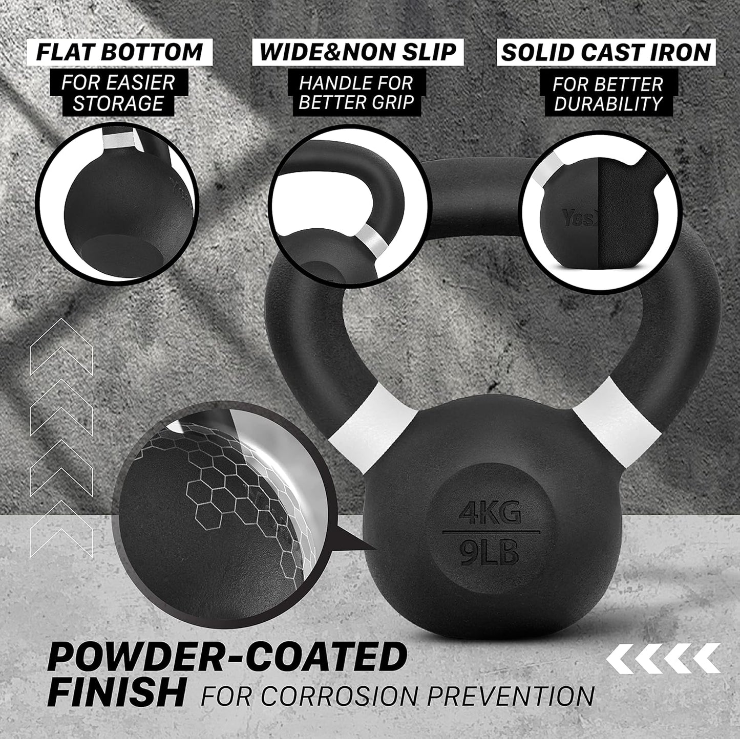 Yes4All Kettlebell - Heavy-Duty Cast Iron with Non-Slip Handle & Flat Bottom | 9lb to 71lb Options