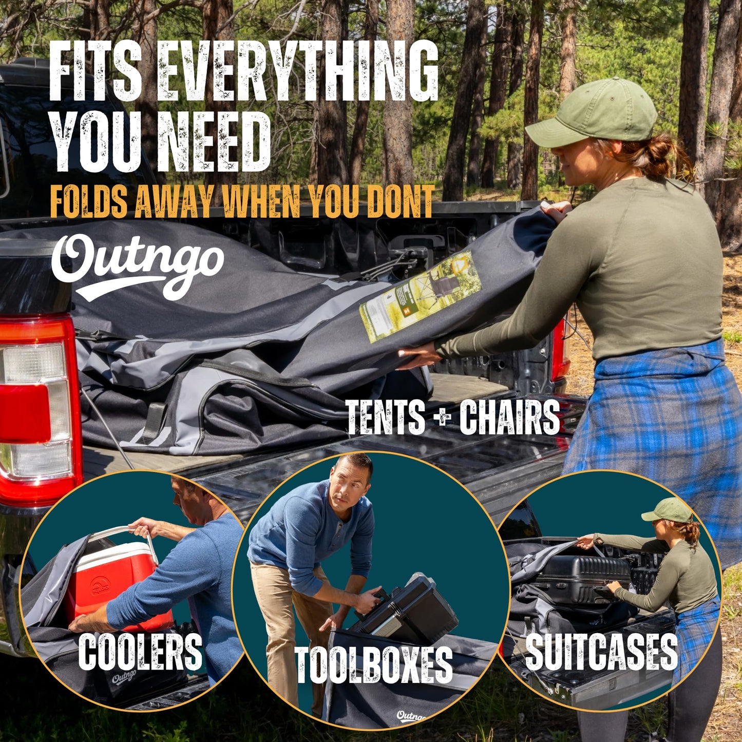 Outngo Truck Bed Cargo Bag-Waterproof Luggage Bag For Truck Bed 26 Cu. Ft Heavy-Duty PVC Truck Bed Waterproof Storage Fits Any Truck Size Dual Opening 4 Stretch Cord 2 Combination Lock (50"x40"x22")