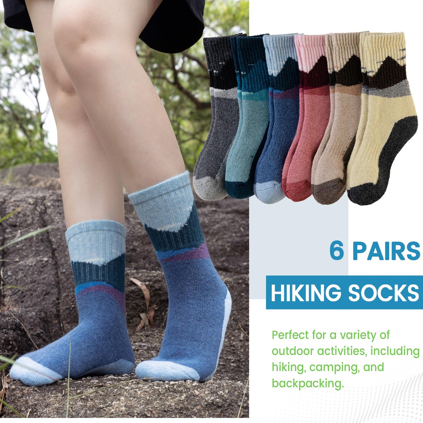 WEVIAS Kids Merino Wool Hiking Socks Boys Thermal Winter Cozy Boot Warm Cushion Socks 6 Pairs (Mountain Range, 8-12 Years)
