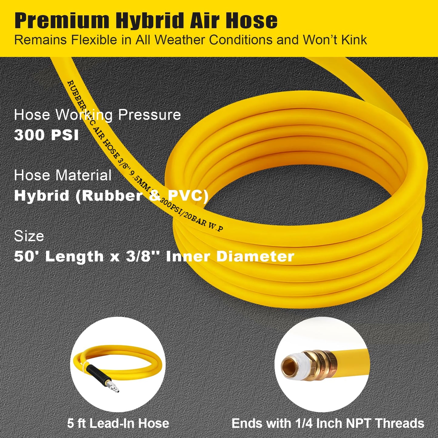 Retractable Air Hose Reel, 3/8 in x 50 FT Hybrid Polymer Hose, Air Compressor Hose Reel with 5 ft Lead in, Ceiling/Wall Mount Enclosed Air Reel, 180° Swivel Mount