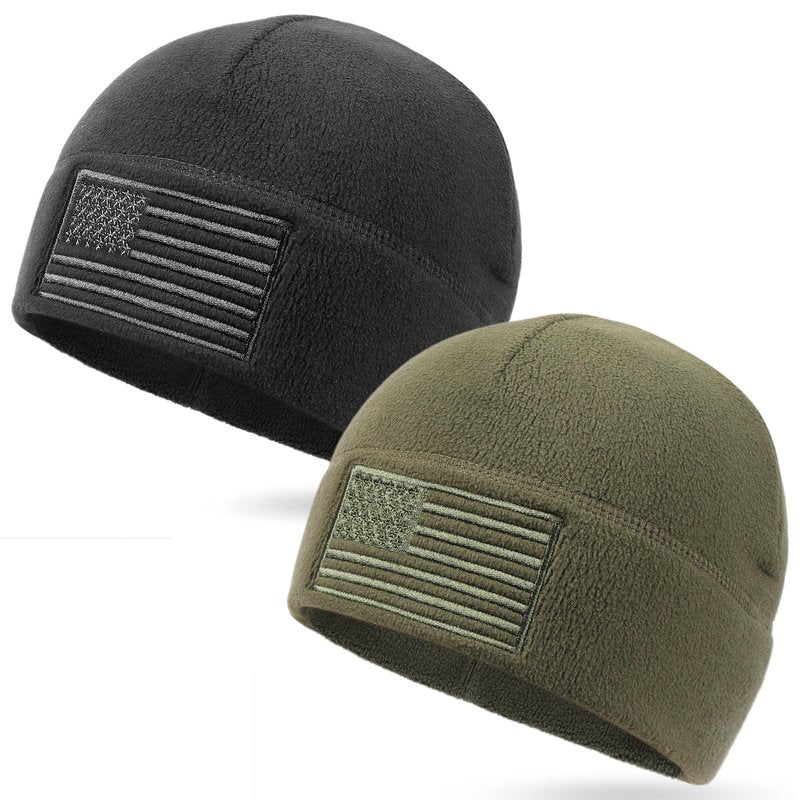 OUTDOOR SHAPING American Flag Fleece Watch Cap, All Season Army Military Tactical Beanie, Winter Warm Hat 2 Pack Black+Army Olive