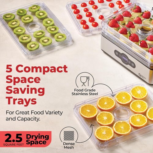 Magic Mill Food Dehydrator Machine - 5 Stackable Stainless Steel Trays, 48-Hour Timer & Adjustable Temperature Control Up to 167°F for Jerky, Fruits & Treats