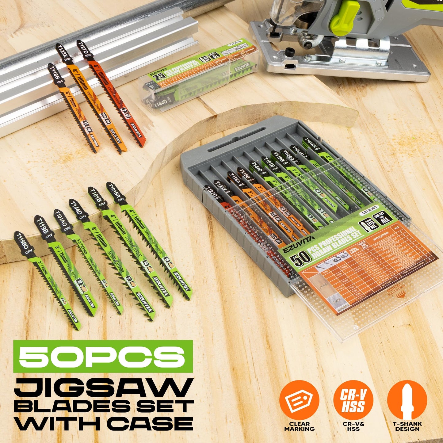 EZUVITA 50-Piece Jigsaw Blades Set with Storage Case–CR-V&HSS Steel, Assorted T-Shank Replacement Jig Saw Blades for Cutting Wood, Plastic and Metal