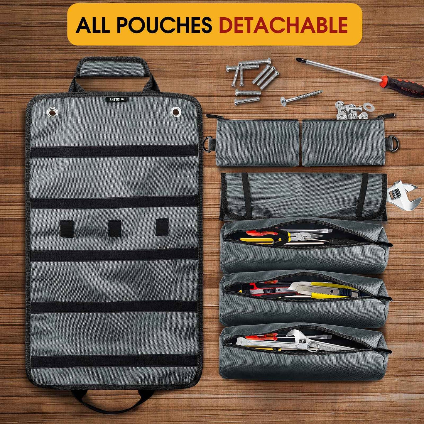 Tool Bags, Heavy Duty Tool Roll Up Bag for Men, Father’s Day Gift for Dad Husband Him, 6-in-1 Detachable Tool Roll Bag with 3 Tool Pouch+1 Wrench Roll+2 Pockets, Compact Tool Box Organizer(Grey)
