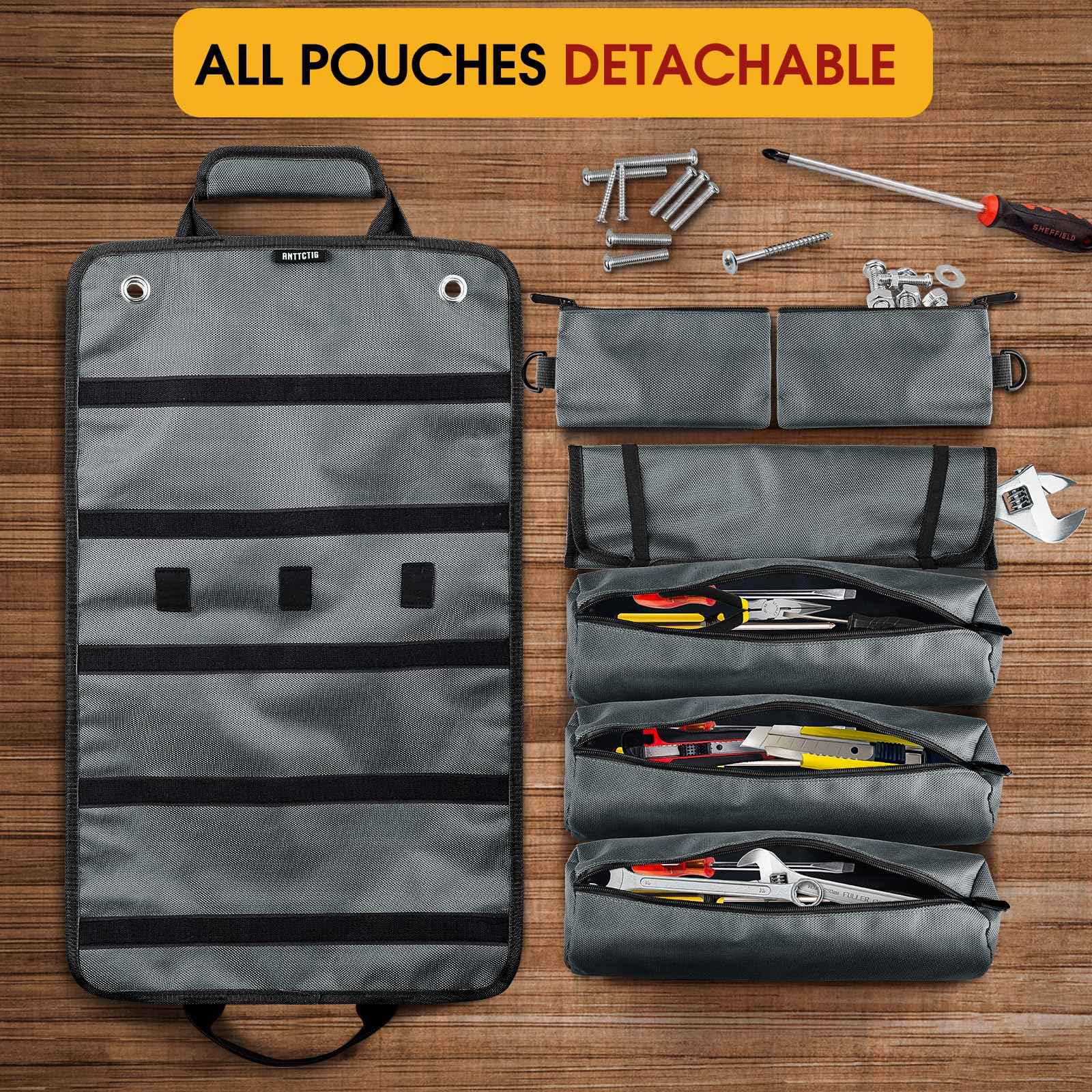 Tool Bags, Heavy Duty Tool Roll Up Bag for Men, Father’s Day Gift for Dad Husband Him, 6-in-1 Detachable Tool Roll Bag with 3 Tool Pouch+1 Wrench Roll+2 Pockets, Compact Tool Box Organizer(Grey)