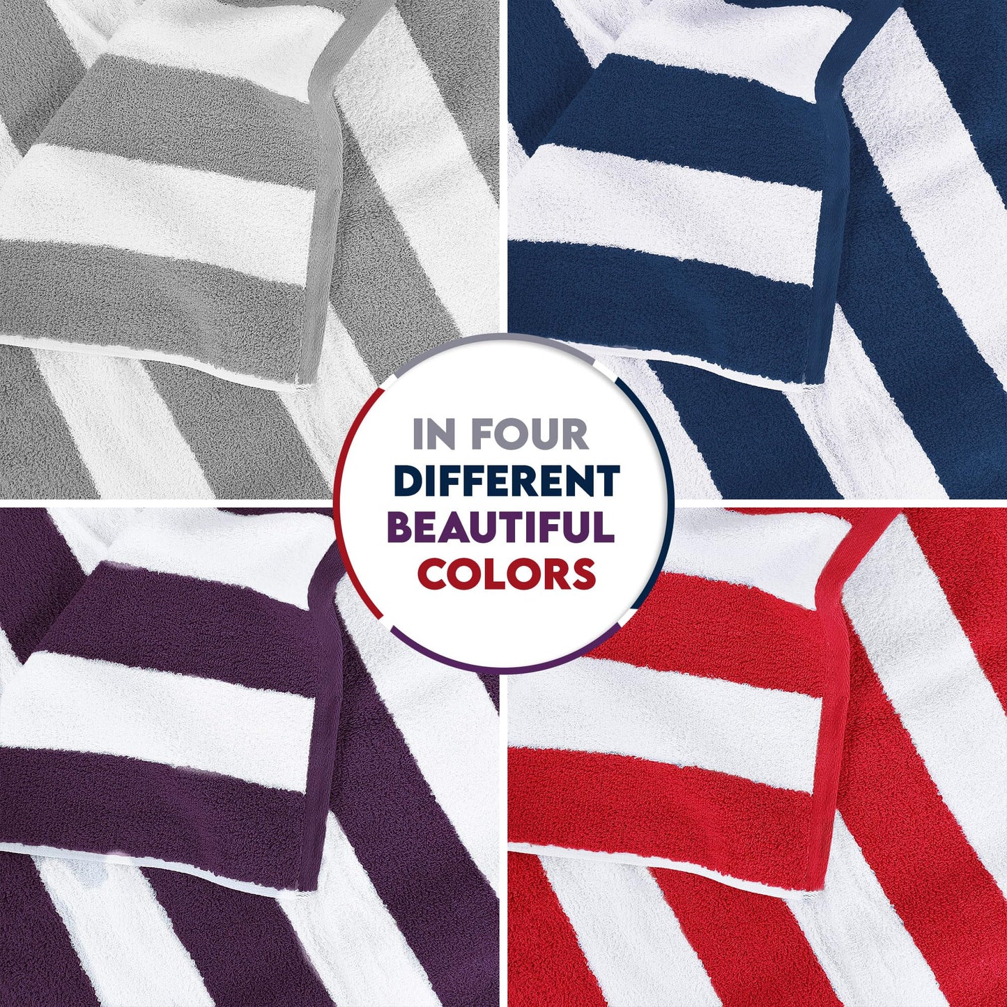Utopia Towels Cabana Stripe Beach Towel, Oversized 100% Ringspun Cotton Pool Towels, Highly Absorbent Bath Towels for Beach (Red, Navy, Grey & Plum, 30X60 Inch - 4 Pack)