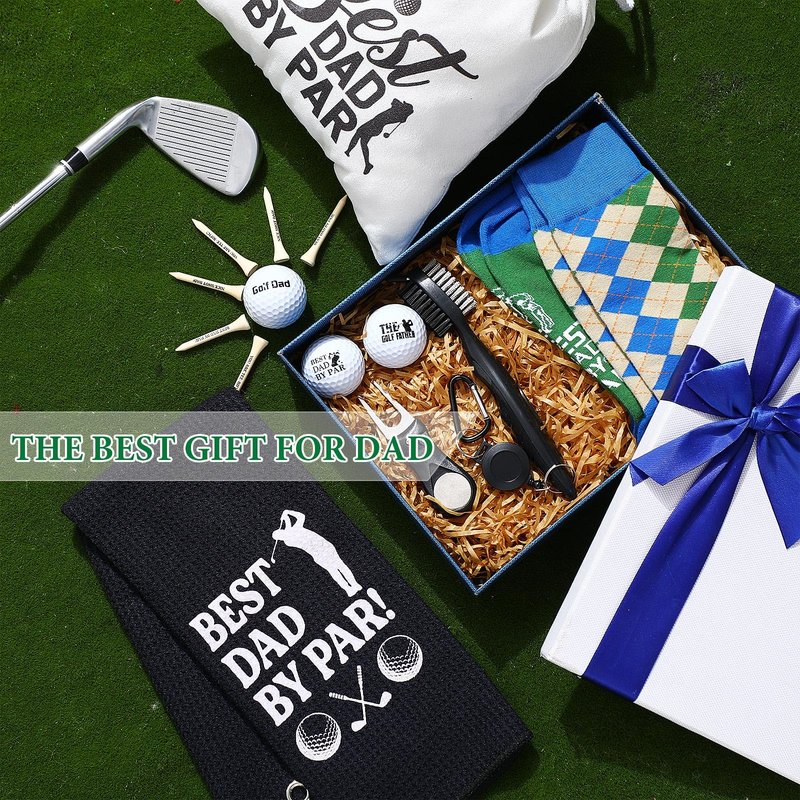 Shappy 14 Pcs Golf Gifts Set for Dad Balls Tees Towel Brush Divot Repair Tool Socks Bags Best Dad by Par Accessories for Father's Day Birthday