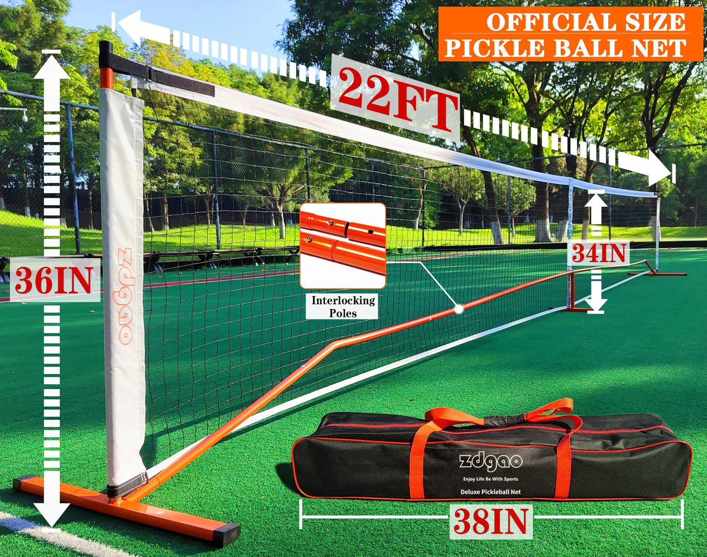 Zdgao Portable Pickleball Net Set with 4 Pickleball Paddles, Official Size Pickleball Net, 4 Outdoor Pickleballs and Carry Bag, Weather Resistance Strong Steel Frame