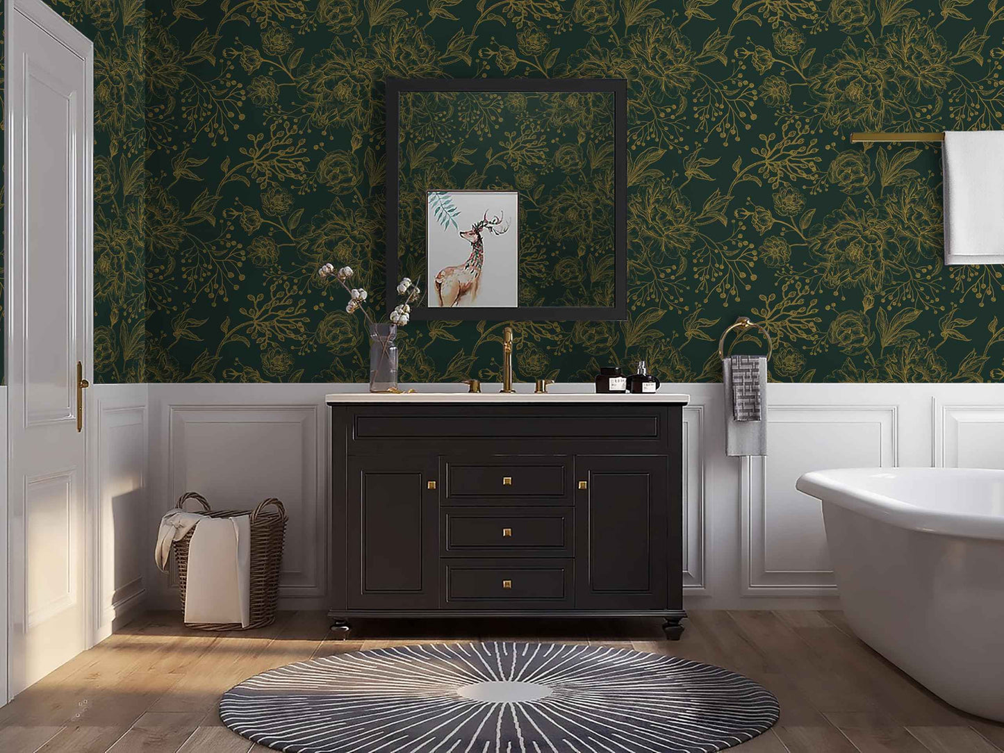 Safiyya Peel and Stick Wallpaper Boho Floral Contact Paper 196" x 17.3" Gold and Dark Green Wall Paper Modern Self Adhesive Removable Wallpaper for Bedroom Bathroom Vinyl Rolls