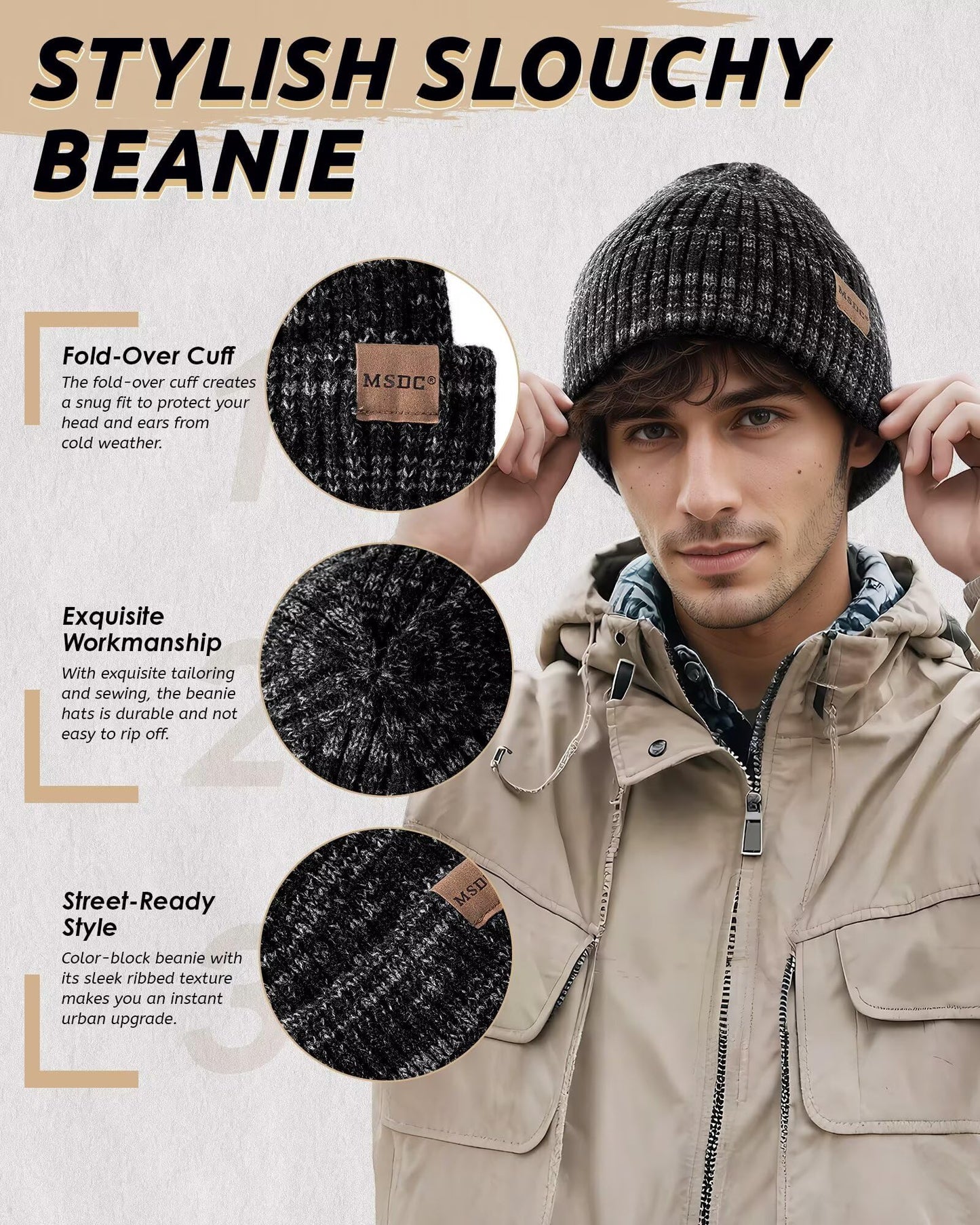 MSDC 3 Pack Winter Hats for Men, Warm Fleece Lined Beanie for Men Women, Soft Thermal Cable Knit Hat Fashionable Cuffed Skull Cap for Cold Weather-01