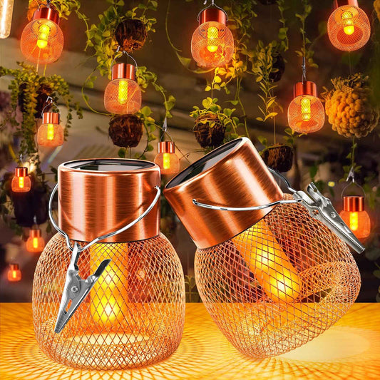 Anordsem Solar Hanging Lights Outdoor: 4 Metal Mesh Flame Lanterns with Clip - Waterproof LED Warm Lighting for Tree Yard Garden Xmas DIY Decor - Christmas Gifts for Homeowners Camper