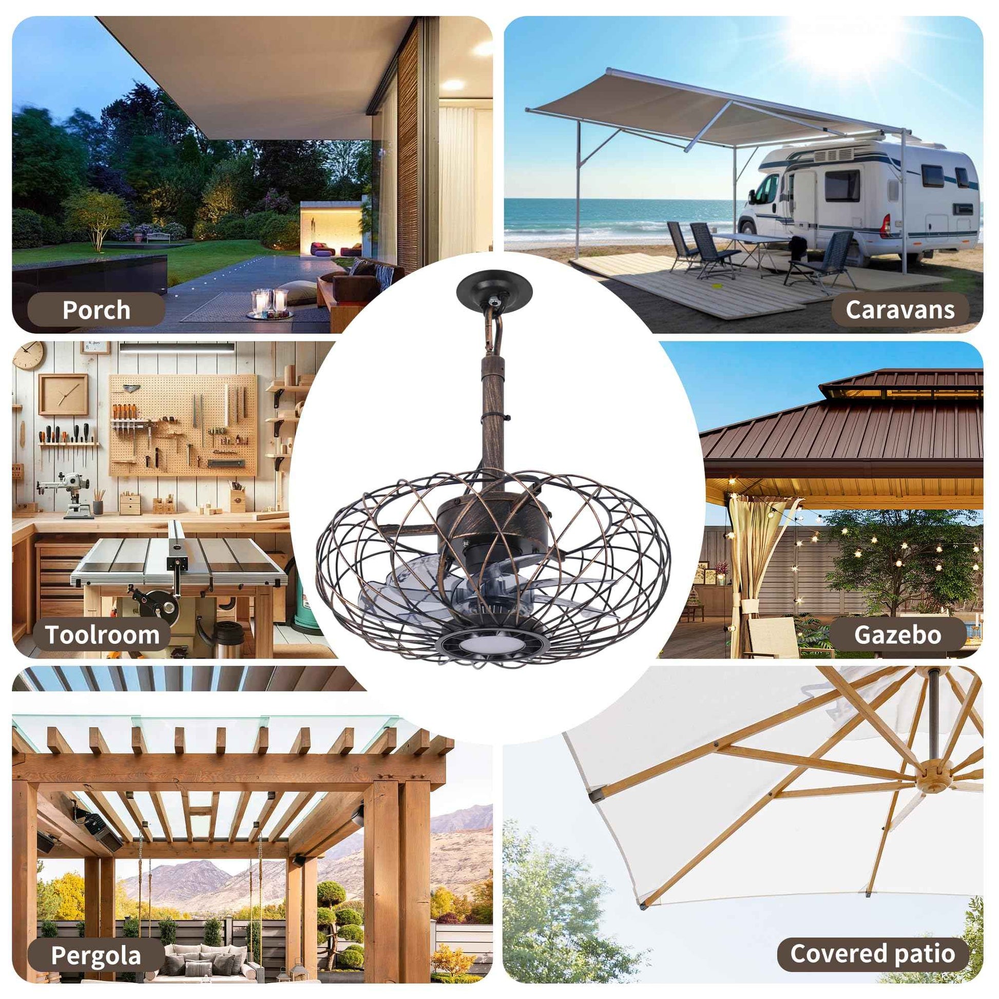 Miuyhji Retro Outdoor Ceiling Fans with LED Light, 15" Waterproof Gazebo Fan Plug in Caged Industrial Fandelier Ceiling Fan with Remote, 6 Speeds Adjustable Height Fan for Bedroom Living Room Pergola