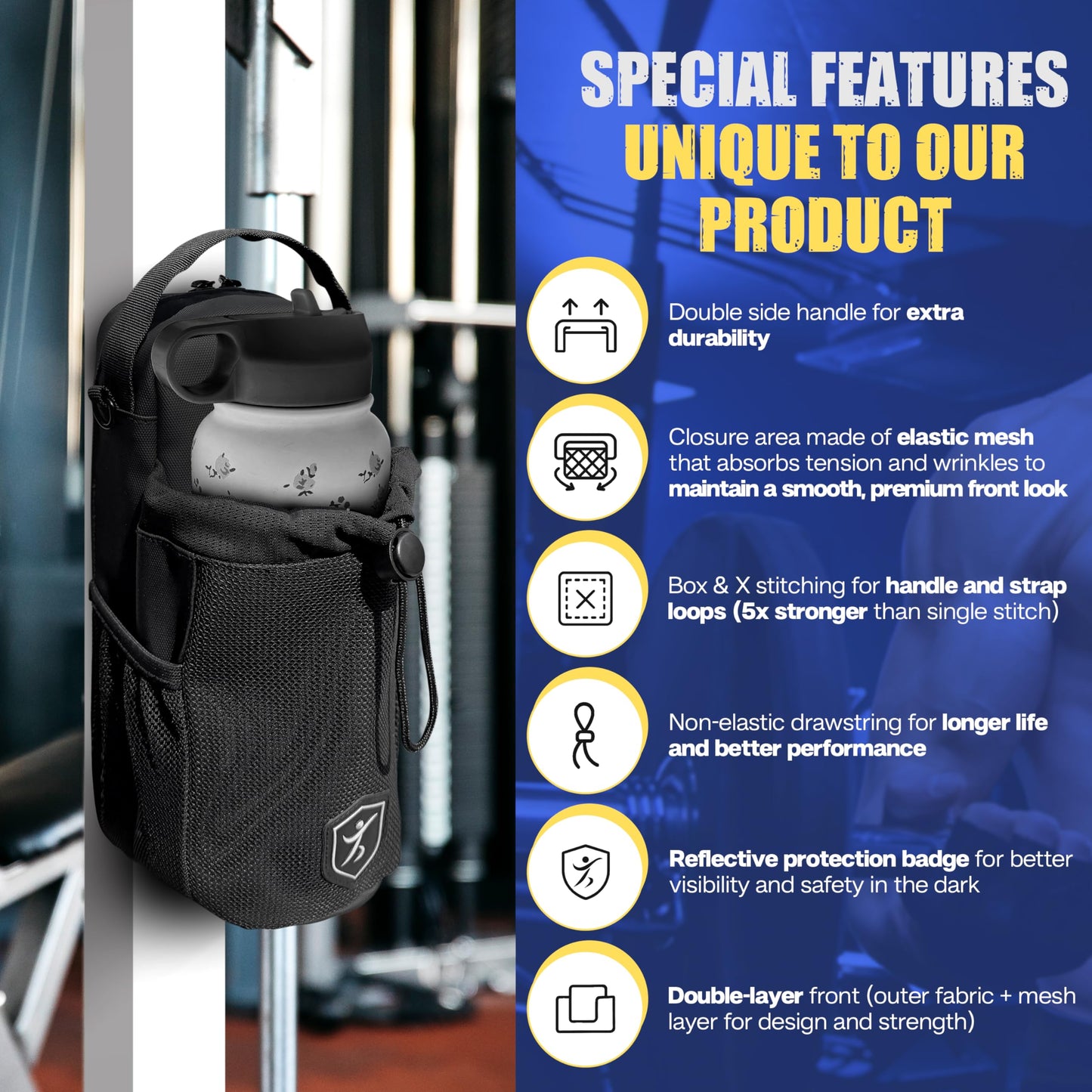 Magnetic Gym Bag with Double-Sided Handles, Heavy-Duty Bottle Holder with Key Hook, Reflective Badge, Elastic Mesh Closure, Waterproof, Strong Magnet, Box & X Stitching, Fits Most Bottles