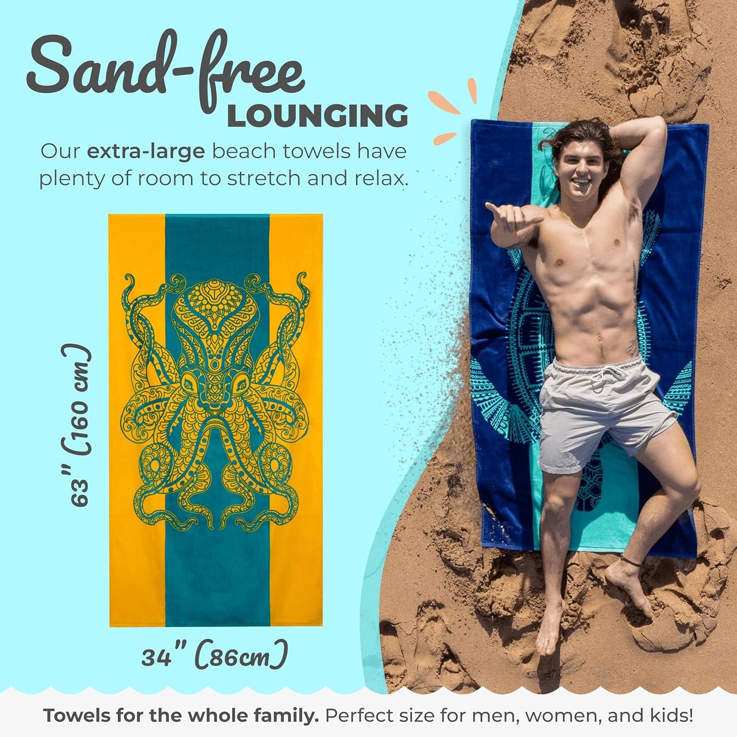 Nova Blue Beach Towel - Vibrant Tropical Design in Orange & Teal | 34" x 63" 100% Cotton Travel Towel