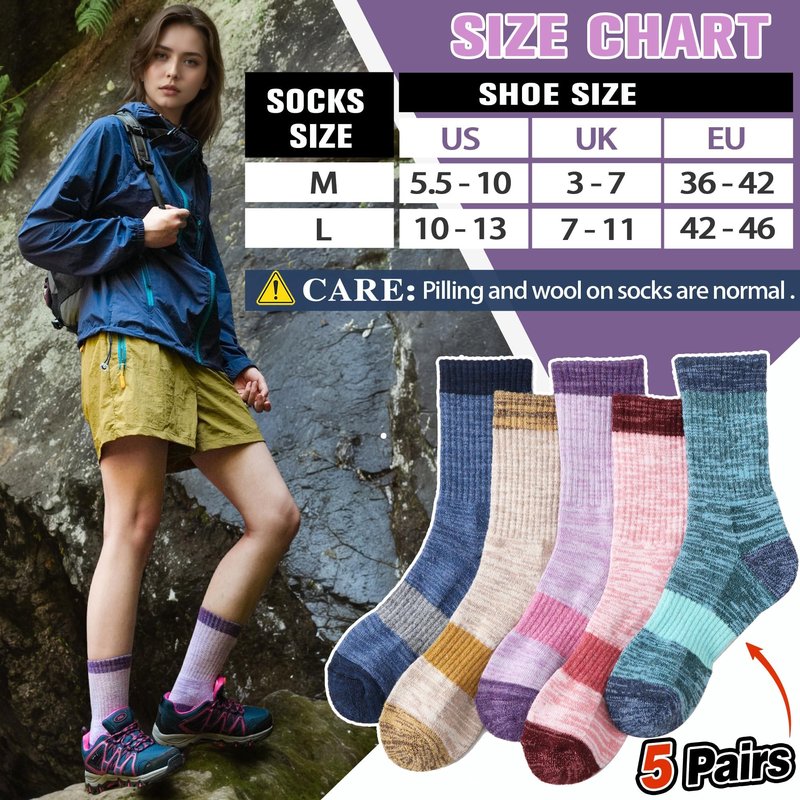SAVALOS Merino Wool Hiking Socks for Women Thermal Warm Winter Cozy Work Crew Gifts Socks 5 Pairs Stocking Stuffers (Assorted A,L)