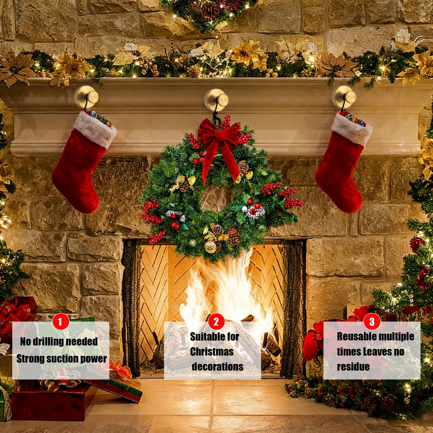 Suction Cup Hooks for Wreaths, 2025 New No Drill Suction Cup Hooks for Shower Hanging Towels, Wreath Hanger for Front Door, Holder for Glass Window Door Bathroom Mirrors (2pcs, Gold)