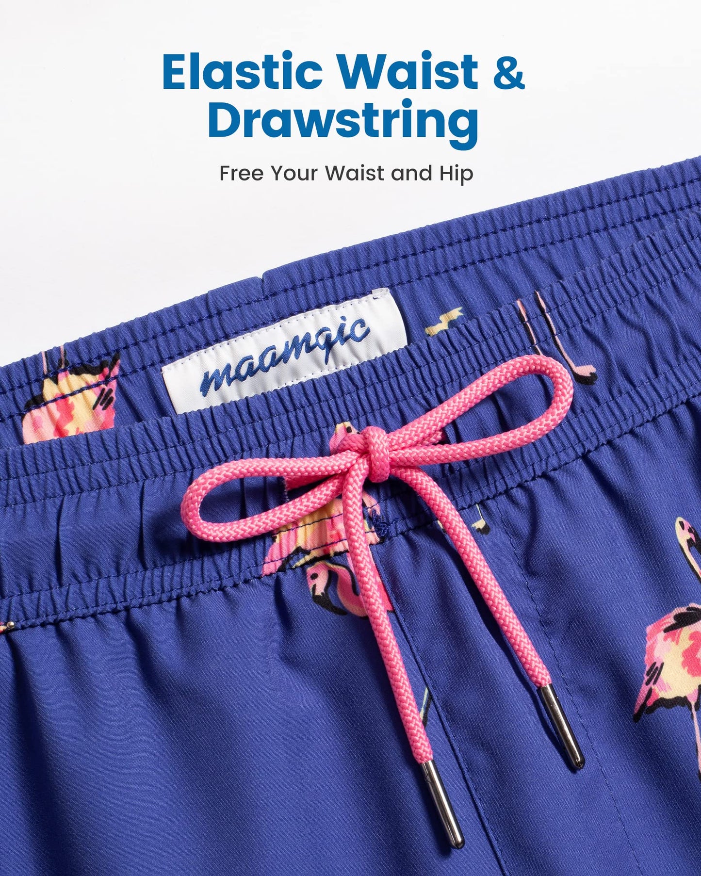 maamgic Mens Swim Trunks with Compression Liner 5 Inch, Quick Dry Bathing Suit with Zipper Pockets, Stretch No-Chafing Swim Shorts, Blue-Pink Flamingo X-Small