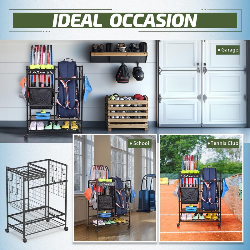 PLKOW Tennis Bag Organizer Tennis Racket Storage Rack, Tennis Equipment Holder for Bags, Balls, Racquet & Accessories, Versatile Gear Organizer for Garage, Club, or School