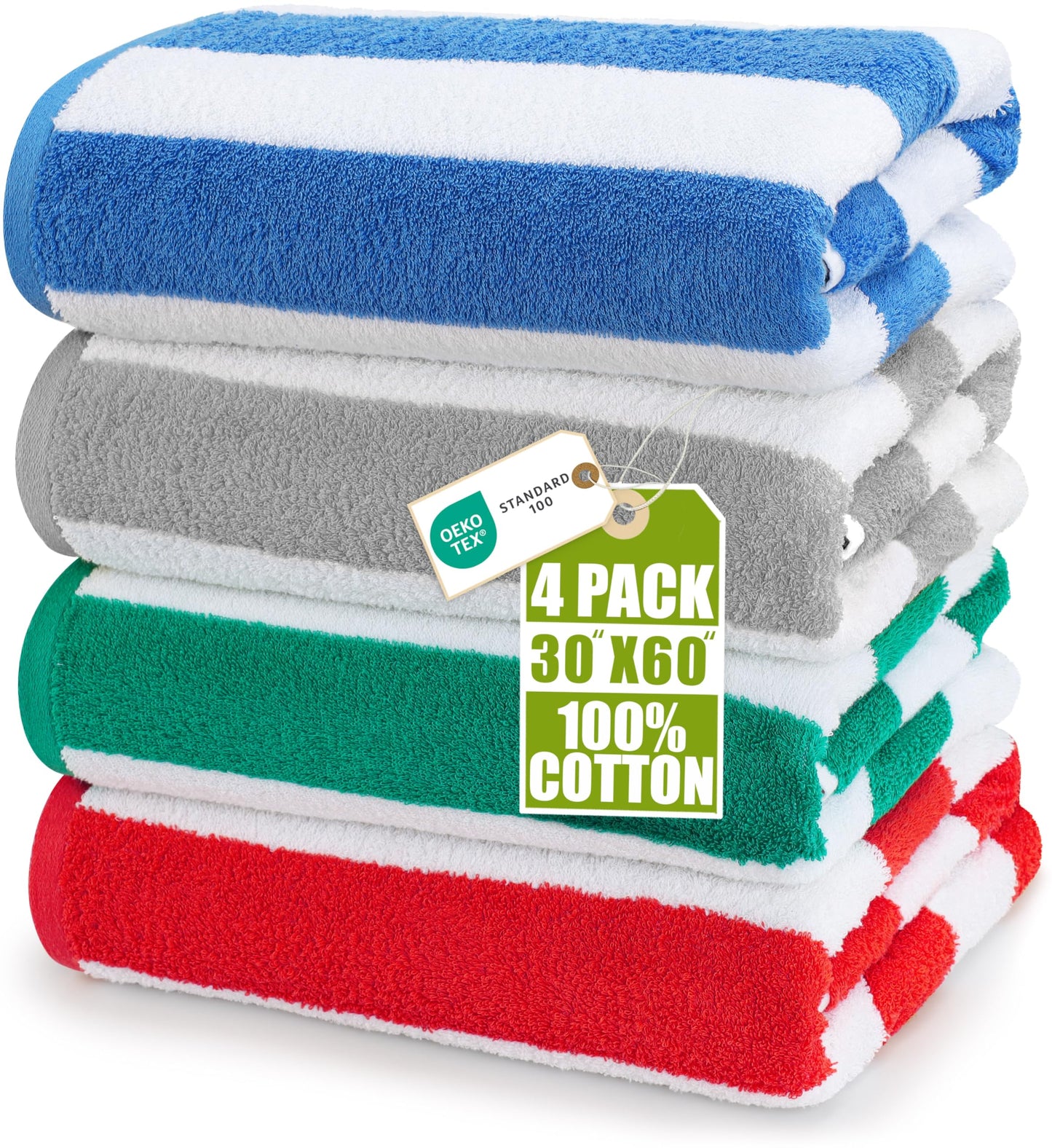 Utopia Towels Pack of 4 Cabana Beach Towels, Oversized 30 x 60 Inches Cotton Beach Towel Set, Smooth Ring Spun Texture for Pool and Swim Days, Modern Striped Design Bath Towels